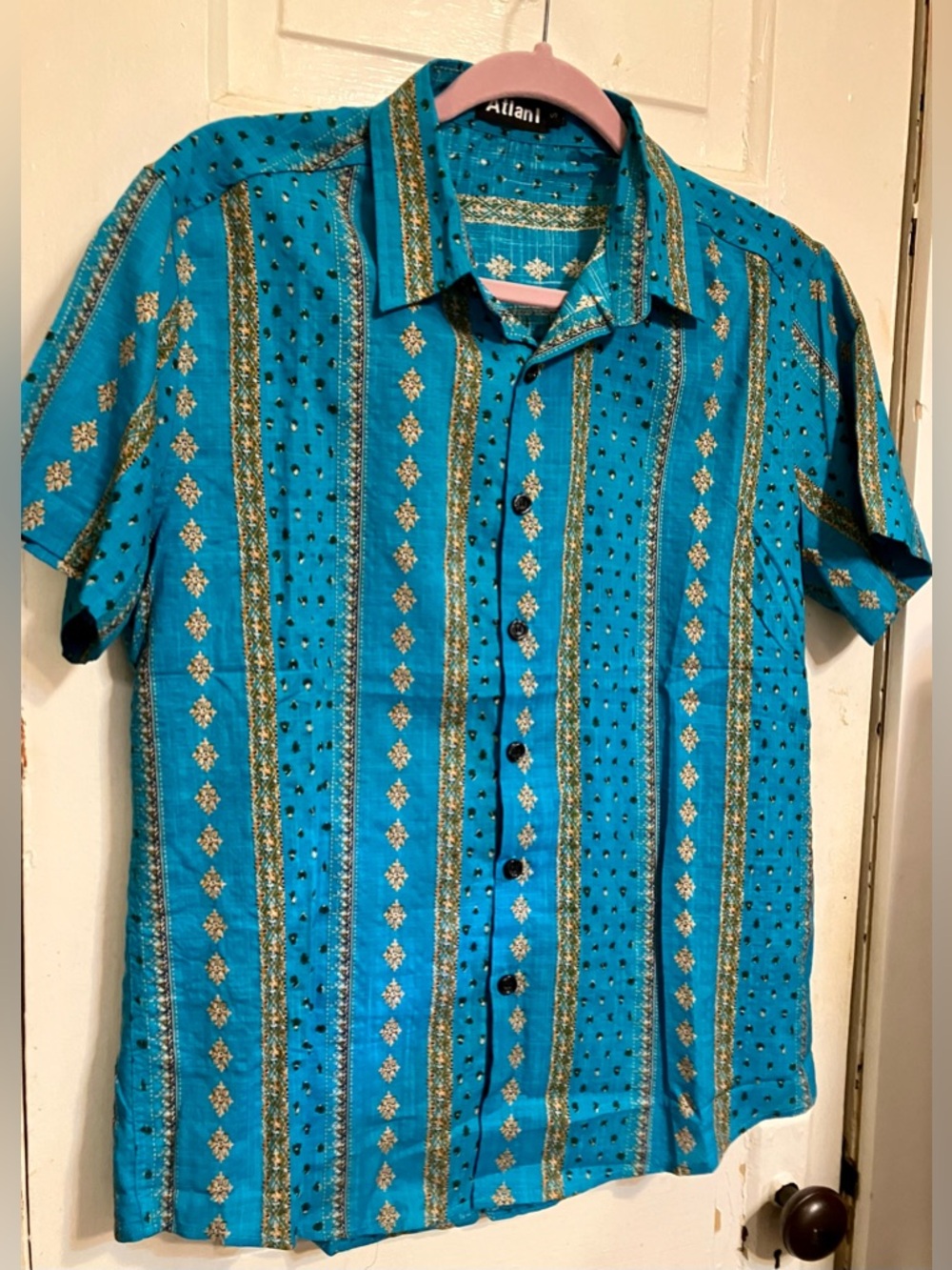 Atlanl Turquoise Patterned Short-Sleeve Button-Down Shirt, S